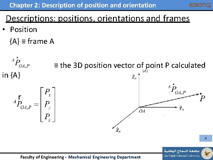 Chapter 2: Description of position and orientation ROBOTICS Descriptions: positions, orientations and frames •