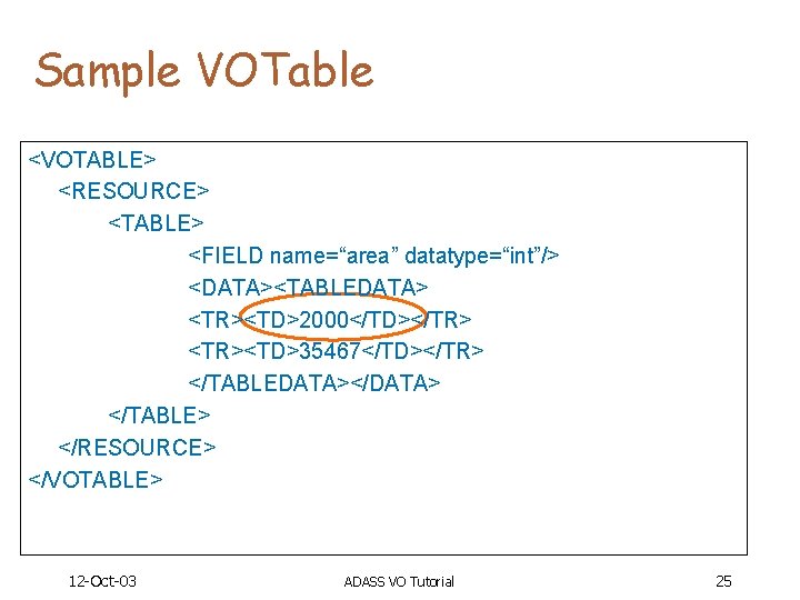 Sample VOTable <VOTABLE> <RESOURCE> <TABLE> <FIELD name=“area” datatype=“int”/> <DATA><TABLEDATA> <TR><TD>2000</TD></TR> <TR><TD>35467</TD></TR> </TABLEDATA></DATA> </TABLE> </RESOURCE>