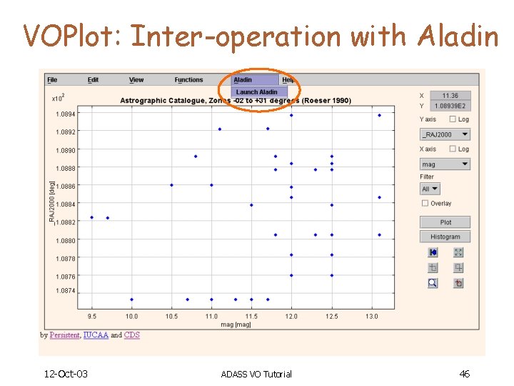 VOPlot: Inter-operation with Aladin 12 -Oct-03 ADASS VO Tutorial 46 