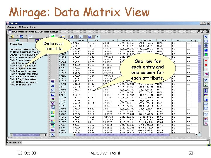 Mirage: Data Matrix View Data read from file One row for each entry and