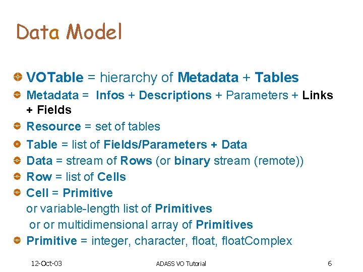 Data Model VOTable = hierarchy of Metadata + Tables Metadata = Infos + Descriptions
