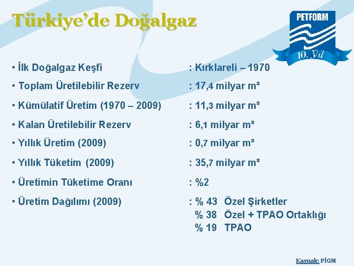 Türkiye’de Doğalgaz • İlk Doğalgaz Keşfi : Kırklareli – 1970 • Toplam Üretilebilir Rezerv
