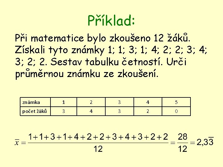 Příklad: Při matematice bylo zkoušeno 12 žáků. Získali tyto známky 1; 1; 3; 1;