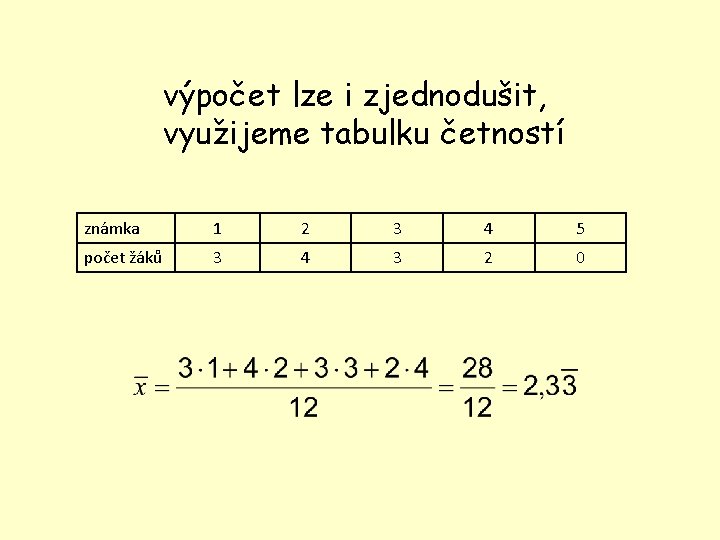 výpočet lze i zjednodušit, využijeme tabulku četností známka 1 2 3 4 5 počet