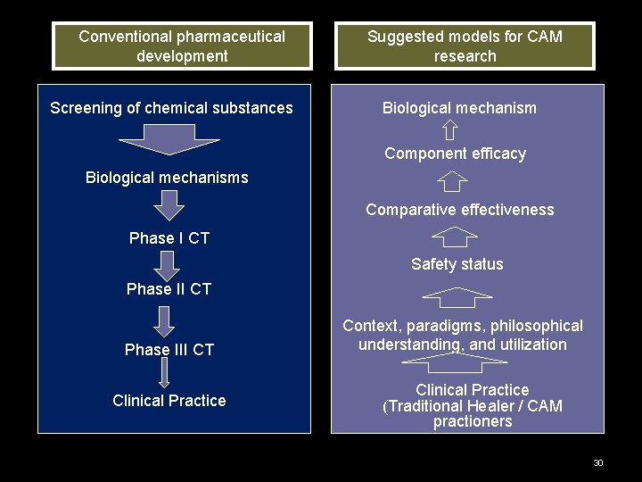 Conventional pharmaceutical development Screening of chemical substances Suggested models for CAM research Biological mechanism