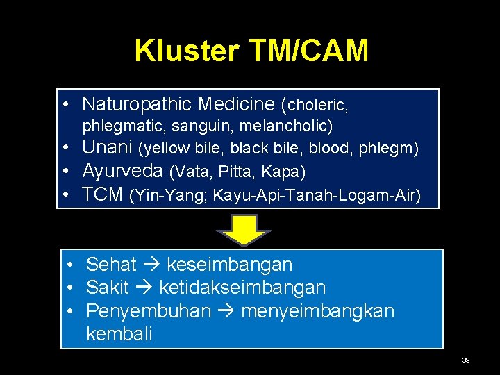 Kluster TM/CAM • Naturopathic Medicine (choleric, phlegmatic, sanguin, melancholic) • Unani (yellow bile, black