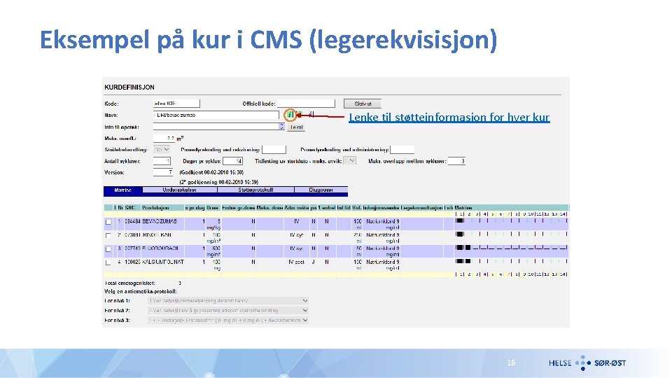 Eksempel på kur i CMS (legerekvisisjon) Lenke til støtteinformasjon for hver kur 16 