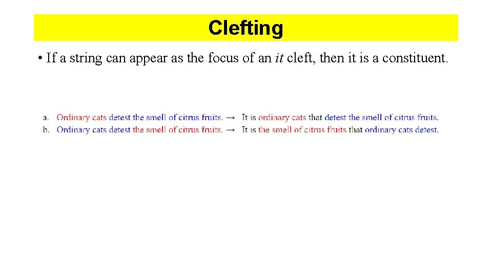 Clefting • If a string can appear as the focus of an it cleft,