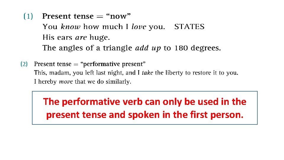 The performative verb can only be used in the present tense and spoken in