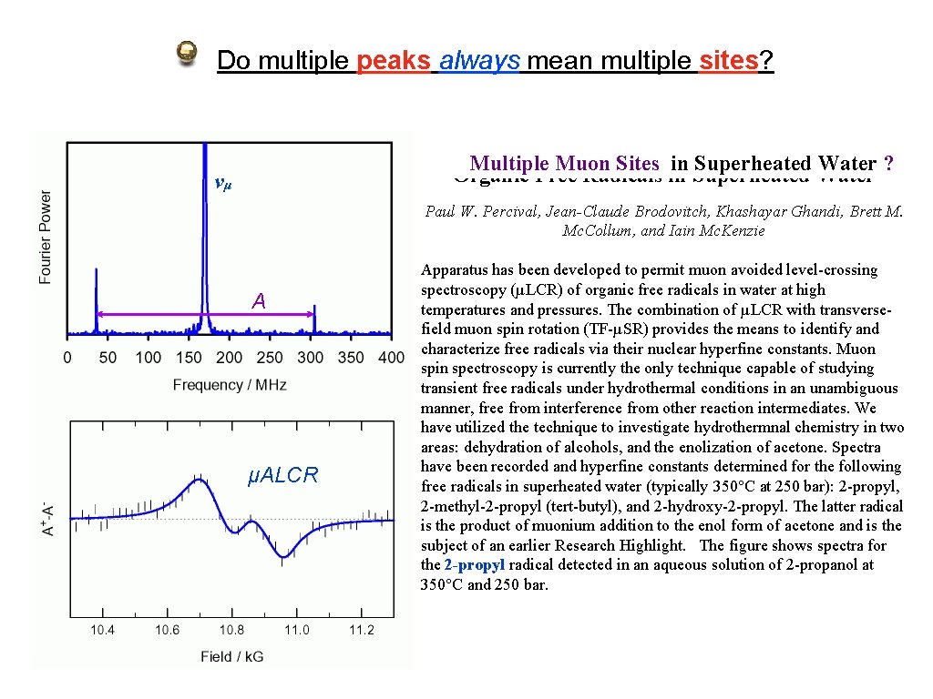 Do multiple peaks always mean multiple sites? Multiple Muon Sites in Superheated Water ?