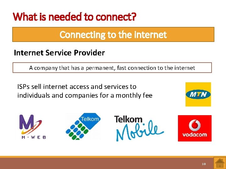 What is needed to connect? Connecting to the internet Internet Service Provider A company