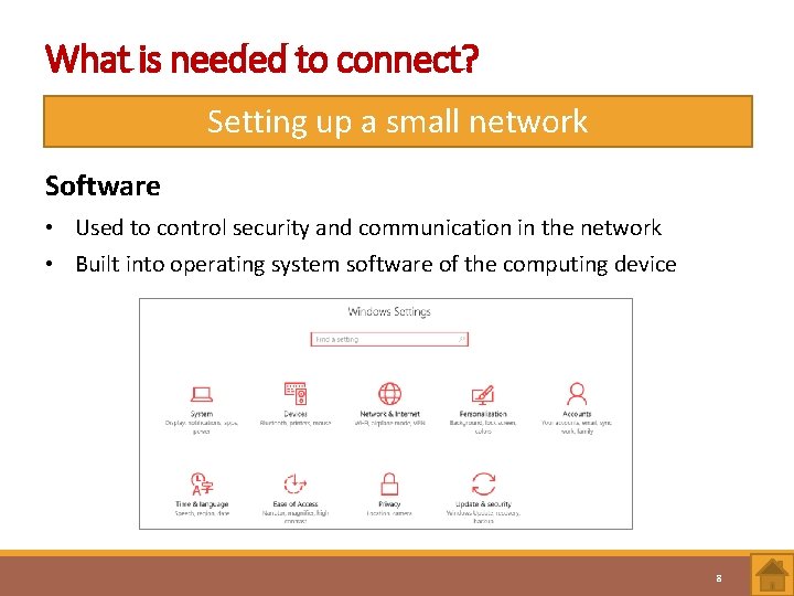 What is needed to connect? Setting up a small network Software • Used to