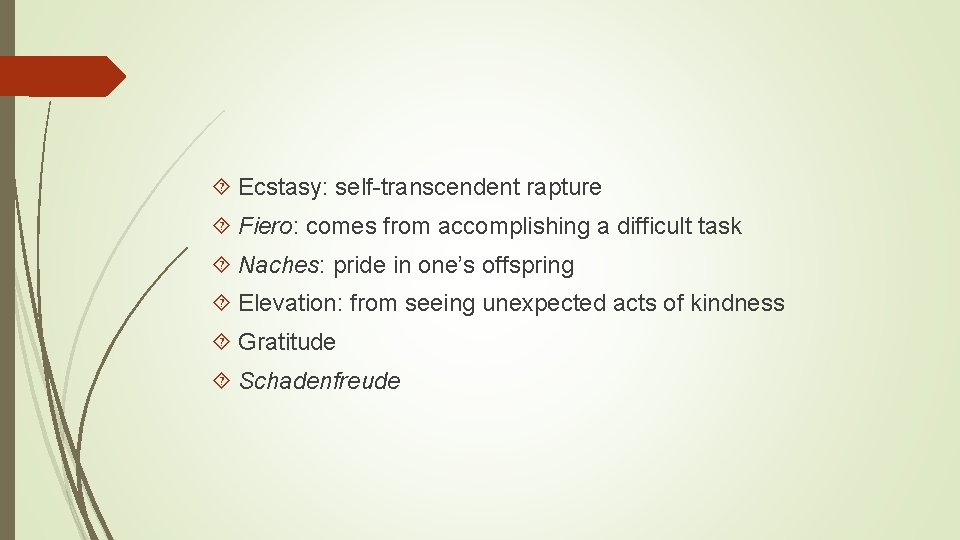 Ecstasy: self-transcendent rapture Fiero: comes from accomplishing a difficult task Naches: pride in