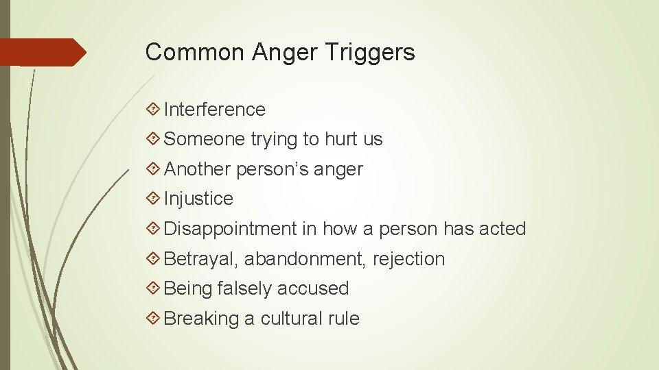 Common Anger Triggers Interference Someone trying to hurt us Another person’s anger Injustice Disappointment