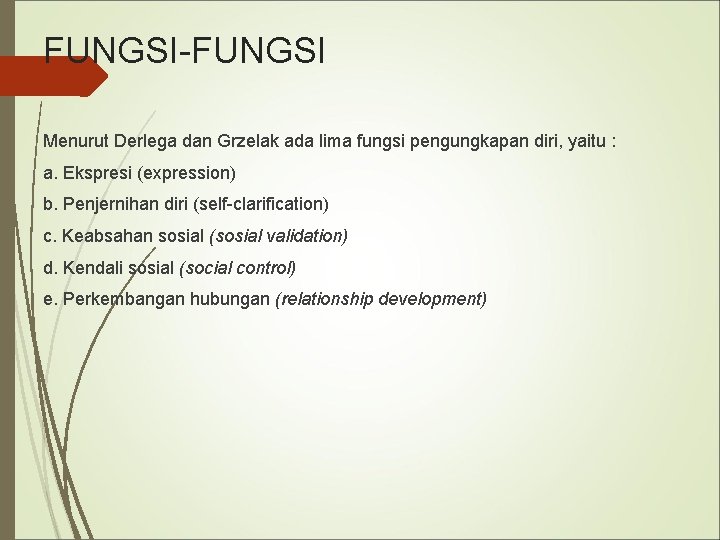 FUNGSI-FUNGSI Menurut Derlega dan Grzelak ada lima fungsi pengungkapan diri, yaitu : a. Ekspresi