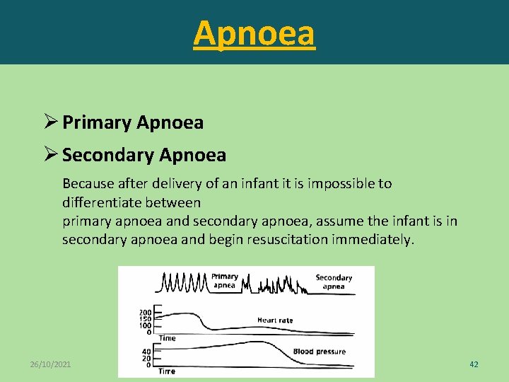 Apnoea Ø Primary Apnoea Ø Secondary Apnoea Because after delivery of an infant it