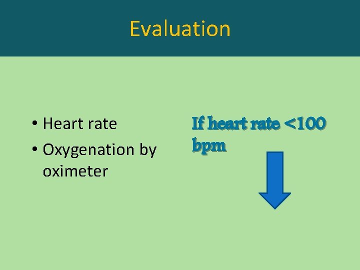 Evaluation • Heart rate • Oxygenation by oximeter If heart rate <100 bpm 