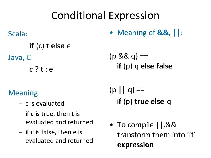 Conditional Expression Scala: • Meaning of &&, ||: if (c) t else e Java,