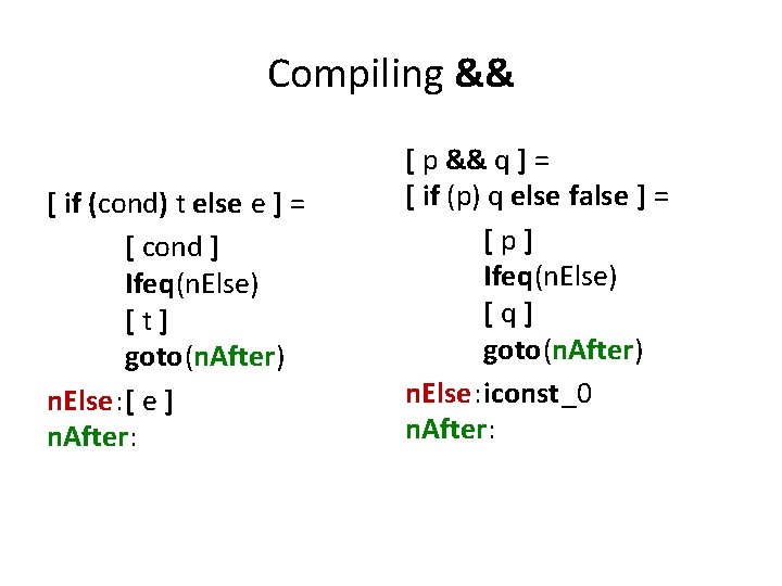 Compiling && [ if (cond) t else e ] = [ cond ] Ifeq(n.