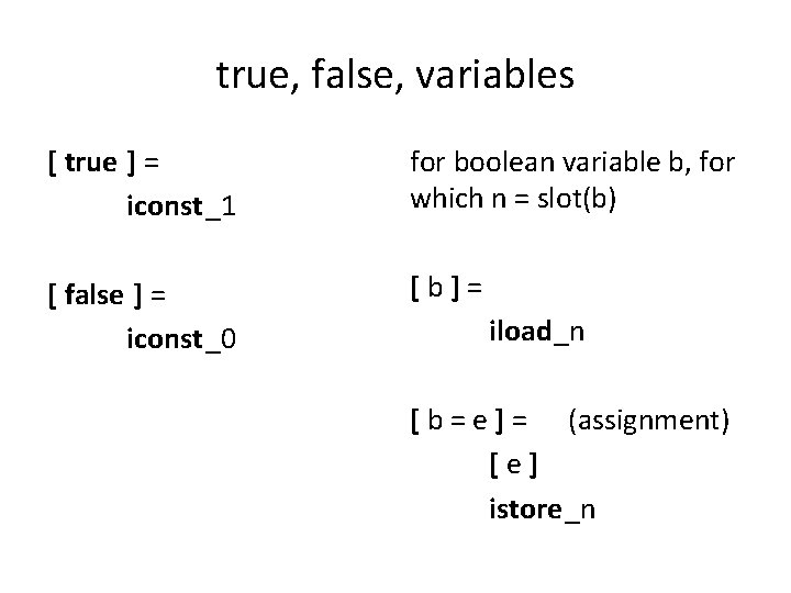 true, false, variables [ true ] = iconst_1 for boolean variable b, for which