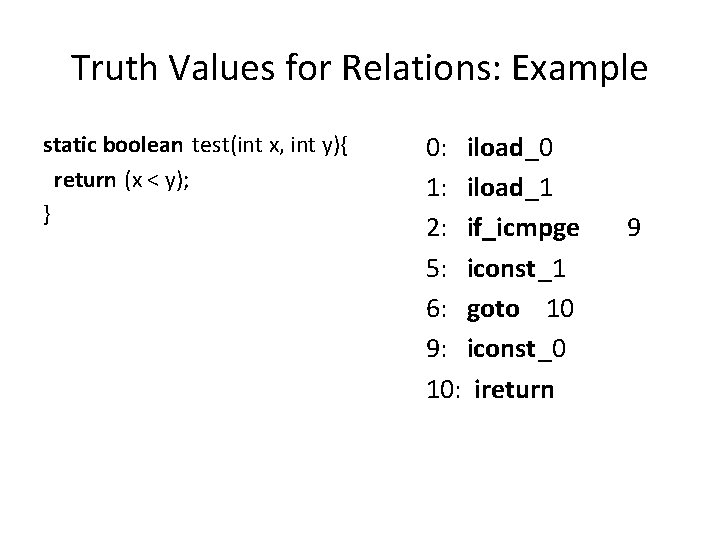 Truth Values for Relations: Example static boolean test(int x, int y){ return (x <