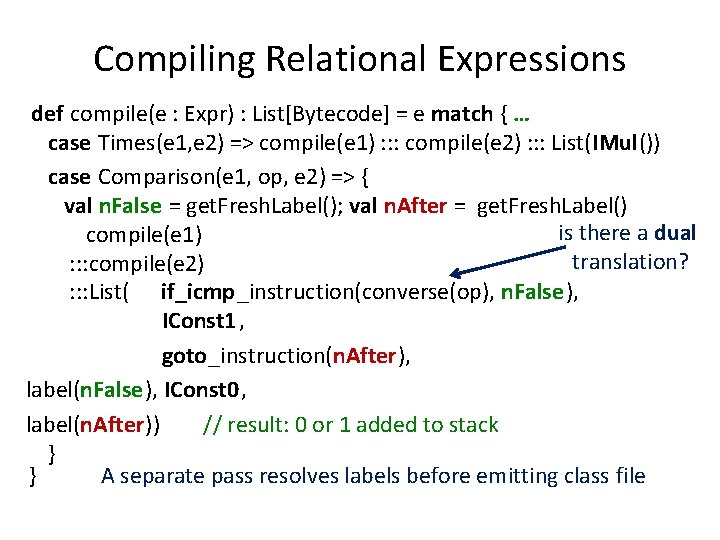 Compiling Relational Expressions def compile(e : Expr) : List[Bytecode] = e match { …
