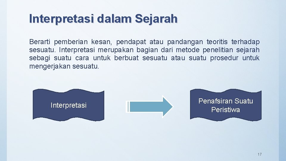 Interpretasi dalam Sejarah Berarti pemberian kesan, pendapat atau pandangan teoritis terhadap sesuatu. Interpretasi merupakan