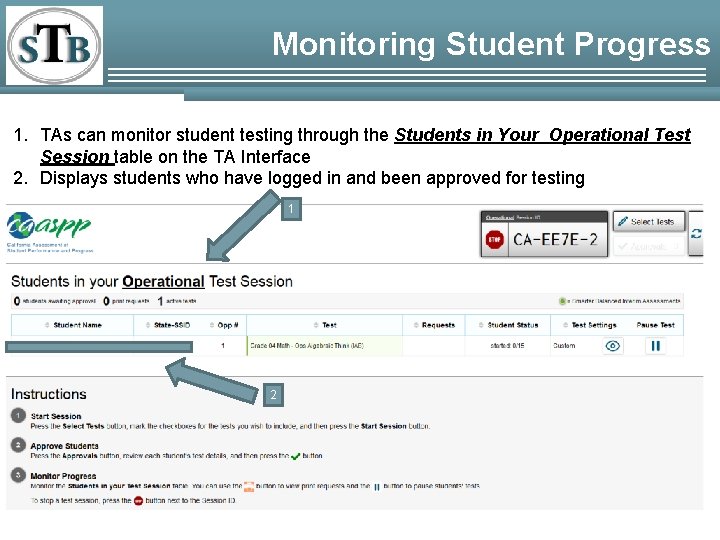 Monitoring Student Progress 1. TAs can monitor student testing through the Students in Your