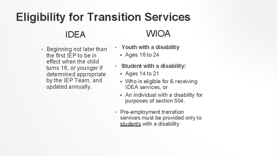 Eligibility for Transition Services WIOA IDEA • Beginning not later than the first IEP