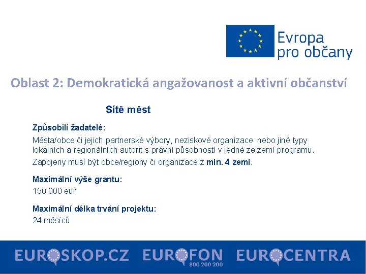 Oblast 2: Demokratická angažovanost a aktivní občanství Sítě měst Způsobilí žadatelé: Města/obce či jejich