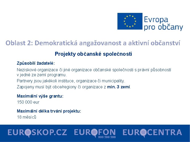 Oblast 2: Demokratická angažovanost a aktivní občanství Projekty občanské společnosti Způsobilí žadatelé: Neziskové organizace