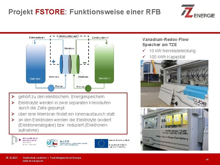 Projekt FSTORE: Funktionsweise einer RFB Vanadium-Redox-Flow Speicher am TZE ü 10 k. W Nennladeleistung