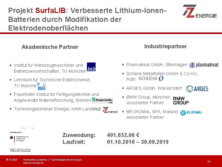 Projekt Surfa. LIB: Verbesserte Lithium-Ionen. Batterien durch Modifikation der Elektrodenoberflächen Akademische Partner § Institut