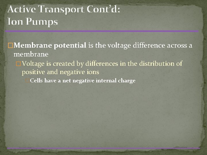 Active Transport Cont’d: Ion Pumps �Membrane potential is the voltage difference across a membrane