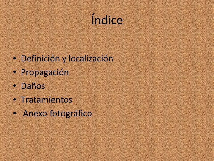 Índice • • • Definición y localización Propagación Daños Tratamientos Anexo fotográfico 