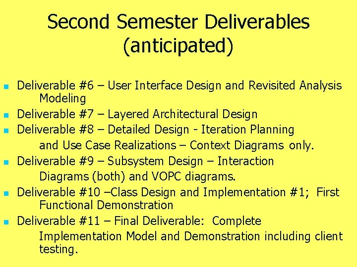 Second Semester Deliverables (anticipated) n n n Deliverable #6 – User Interface Design and