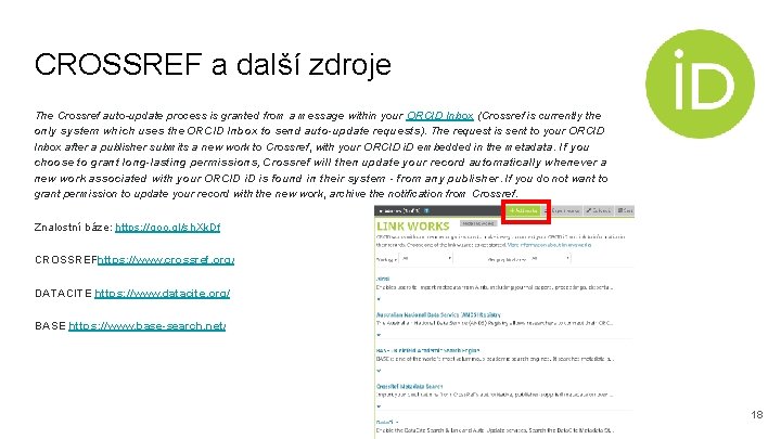 CROSSREF a další zdroje The Crossref auto-update process is granted from a message within