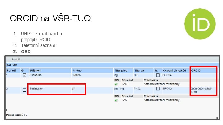 ORCID na VŠB-TUO 1. UNIS - založit a/nebo propojit ORCID 2. Telefonní seznam 3.