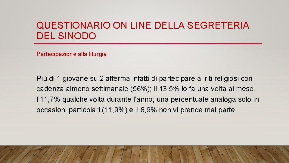 QUESTIONARIO ON LINE DELLA SEGRETERIA DEL SINODO Partecipazione alla liturgia Più di 1 giovane