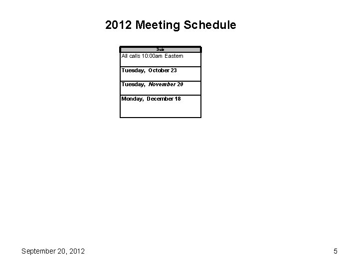 2012 Meeting Schedule Date All calls 10: 00 am Eastern Tuesday, October 23 Tuesday,