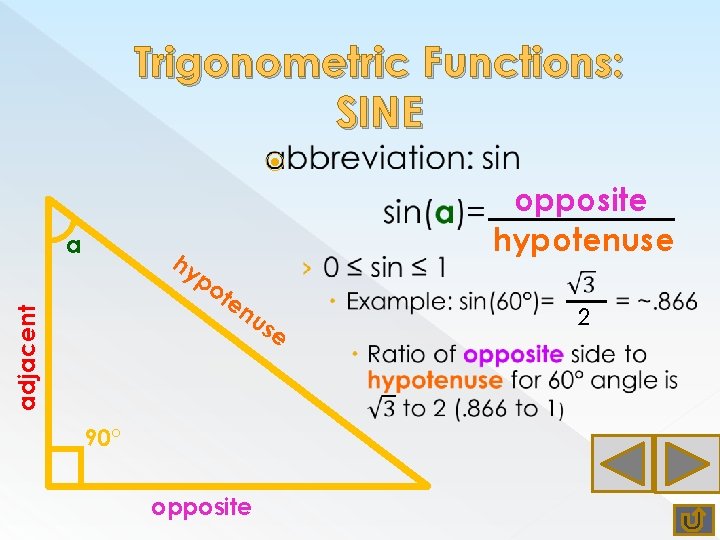 Trigonometric Functions: SINE a opposite hypotenuse hy adjacent po te nu se 90° opposite