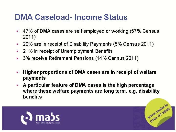 DMA Caseload- Income Status • 47% of DMA cases are self employed or working