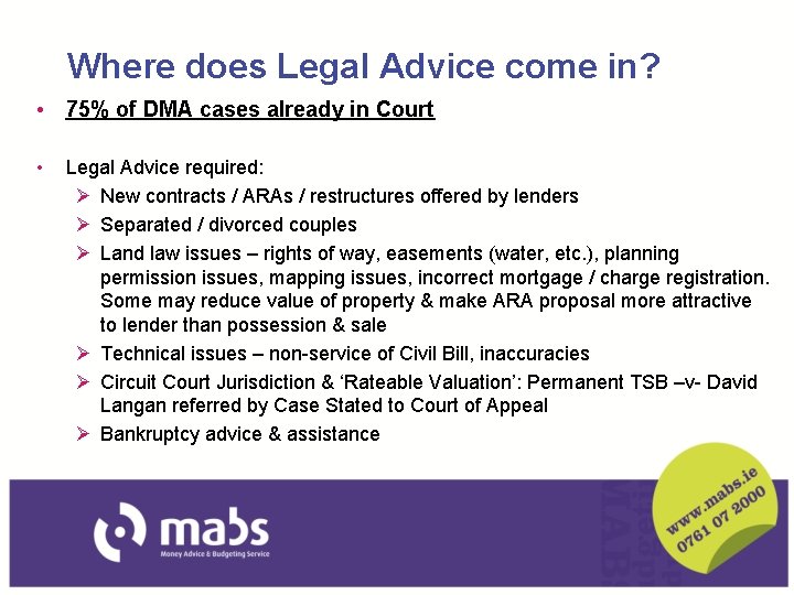 Where does Legal Advice come in? • 75% of DMA cases already in Court