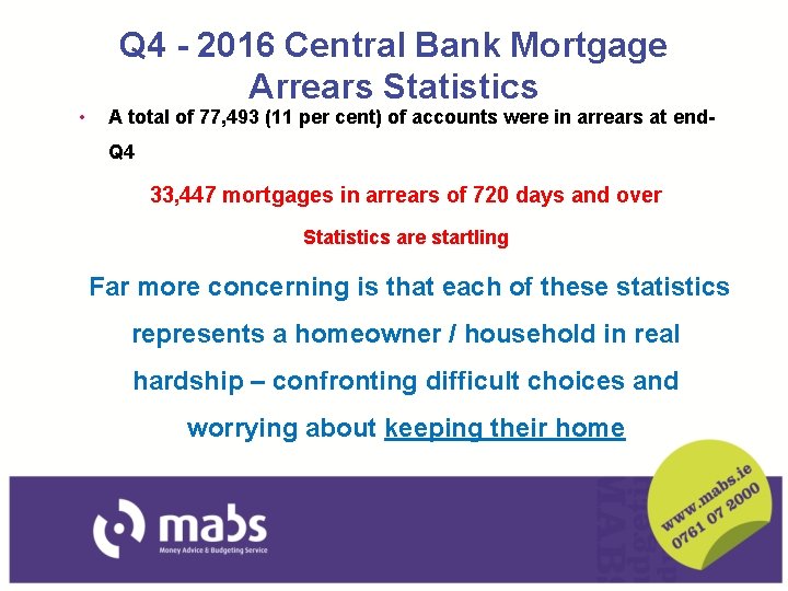  • Q 4 - 2016 Central Bank Mortgage Arrears Statistics A total of