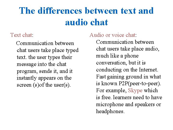 The differences between text and audio chat Text chat: Communication between chat users take