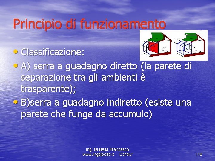 Principio di funzionamento • Classificazione: • A) serra a guadagno diretto (la parete di