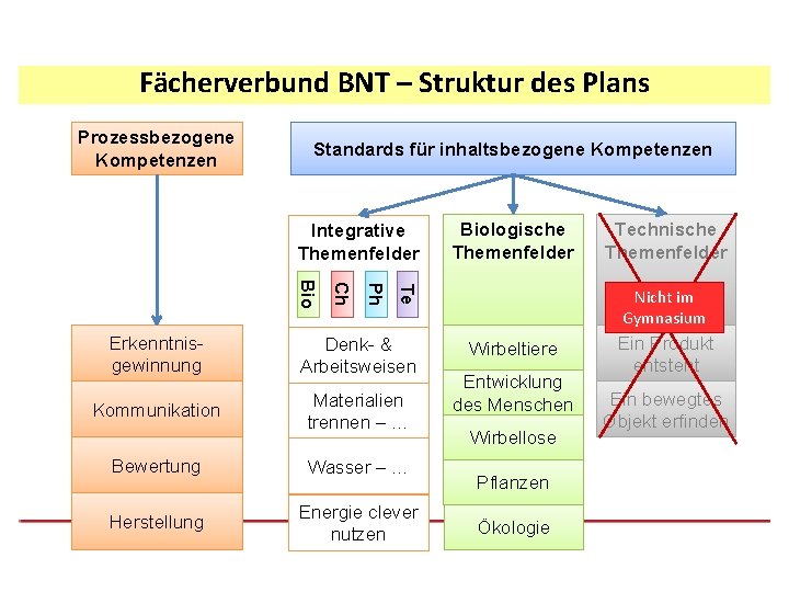 Fächerverbund BNT – Struktur des Plans Prozessbezogene Kompetenzen Standards für inhaltsbezogene Kompetenzen Integrative Themenfelder
