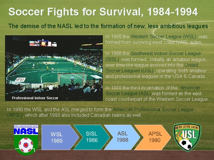 Soccer Fights for Survival, 1984 -1994 The demise of the NASL led to the