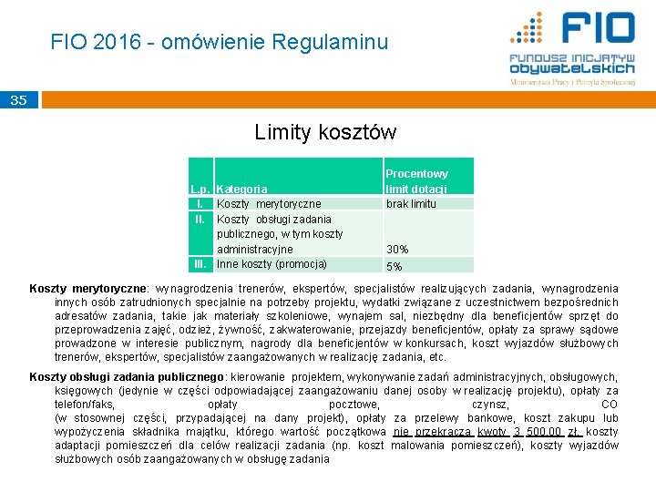 FIO 2016 - omówienie Regulaminu 35 Limity kosztów L. p. Kategoria I. Koszty merytoryczne