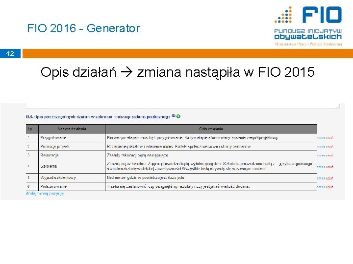 FIO 2016 - Generator 42 Opis działań zmiana nastąpiła w FIO 2015 